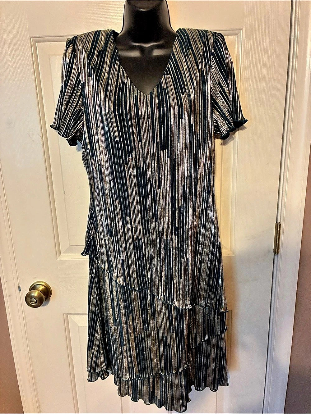 Green Metallic Striped Mini Dress Sz 1040